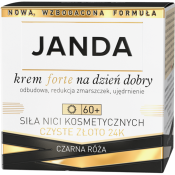 JANDA krem forte na dzień dobry 60+ z 24K złotem, biało-czarne opakowanie, widok z przodu.