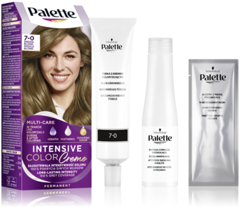 Zestaw farb do włosów Palette Intensive Color Creme 7-0, średni blond. Fioletowe pudełko, tuba, butelka, saszetka.