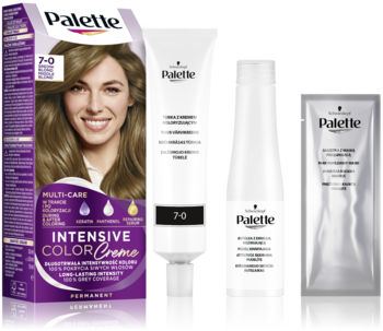 Zestaw farb do włosów Palette Intensive Color Creme 7-0, średni blond. Fioletowe pudełko, tuba, butelka, saszetka.