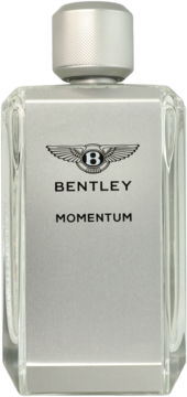 Woda toaletowa Bentley Momentum dla mężczyzn, w szklanej butelce z srebrnym frontem i teksturowaną zakrętką, widok z przodu.