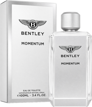 Męska woda toaletowa Bentley Momentum, biało-srebrne pudełko i szklana butelka z logo, widok z przodu.