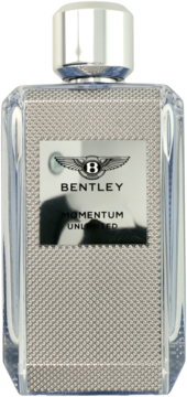 Męska woda toaletowa Bentley Momentum Unlimited w przezroczystej butelce z siatkowaną teksturą, widok z przodu.