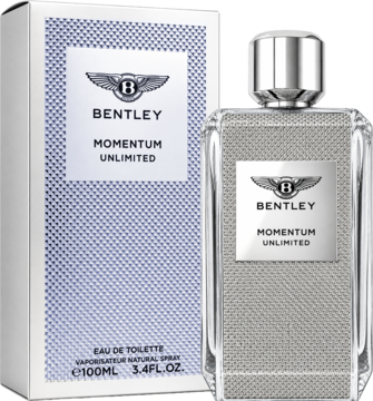 Bentley Momentum Unlimited EDT, szklany flakon z szarą teksturą obok białego pudełka z niebieskim wzorem, pod kątem.