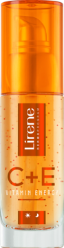 Lirene C+E Vitamin Energy StimuSerum w przezroczystej butelce z pomarańczową pompką i granulkami.
