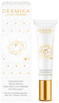 Dermika Luxury Ceramides liftingujący krem-serum pod oczy, biała tubka i złoto-białe pudełko, ujęcie z przodu.
