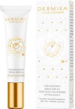 Dermika Luxury Ceramides krem-serum liftingujący pod oczy i powieki, biała tubka ze złotą nakrętką, obok pudełko.