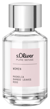 s.Oliver Pure Sense Women, butelka w przezroczystym szkle ze srebrną nakrętką, różowa etykieta, nuty magnolii, róży.