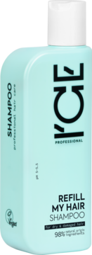 ICE PROFESSIONAL Refill My Hair Shampoo for dry & damaged hair, light teal bottle, front view with text and vegan logo.
