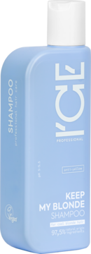 Niebieski szampon ICE PROFESSIONAL KEEP MY BLONDE do zimnego odcienia. Widok pod kątem, matowa butelka z białą nakrętką.
