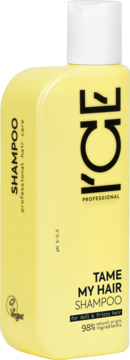 Żółty ICE Professional Tame My Hair Shampoo do włosów matowych i puszących się, z białą nakrętką, widok z przodu.