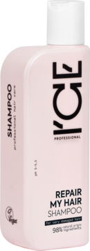 Różowa butelka szamponu ICE PROFESSIONAL REPAIR MY HAIR dla włosów zniszczonych, 98% naturalnych składników, widok pod kątem.