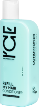 Błękitny I'CE PROFESSIONAL REFILL MY HAIR CONDITIONER dla suchych włosów, butelka z białym korkiem, widok pod kątem.
