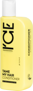 Żółta butelka ICE TAME MY HAIR CONDITIONER do włosów matowych i puszących się, z białą nakrętką, widok z przodu.