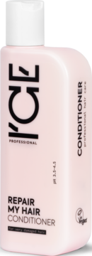 Różowy kondycjoner ICE PROFESSIONAL REPAIR MY HAIR do zniszczonych włosów, z logo vegan, widok z przodu.