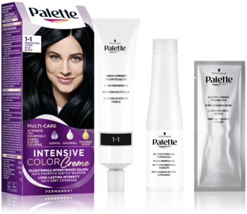Schwarzkopf Palette Intensive Color Creme 3-0 czarna farba do włosów, fioletowe pudełko, tuba, butelka, saszetka.