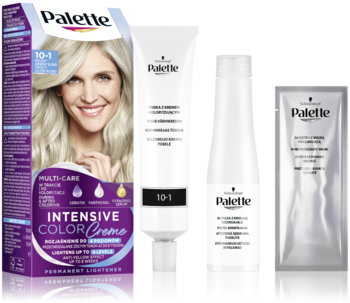 Palette Intensive Color Creme 10-1 rozjaśniacz, opakowanie z blond modelką i tubka, butelka, saszetka.