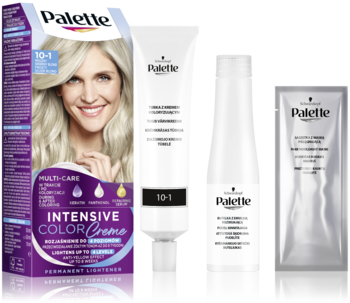 Palette Intensive Color Creme 10-1 rozjaśniacz, opakowanie z blond modelką i tubka, butelka, saszetka.