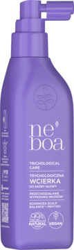 Fioletowa wcierka Neboa Trichological Care z peptydami, przeciw wypadaniu włosów, widok z przodu.
