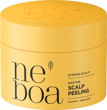 Żółty peeling enzymatyczny do skóry głowy Neboa Strong Scalp z papainą, widok z przodu, z białą etykietą.