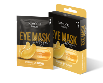 Kimoco Beauty Eye Mask Collagen, czarno-złote opakowania ujędrniających płatków hydrożelowych, widok z przodu.