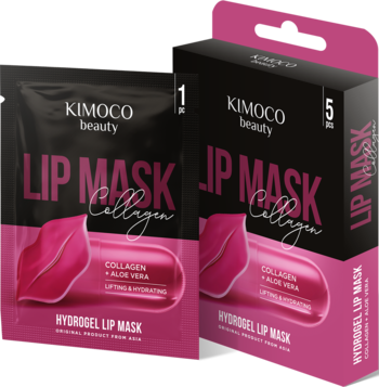 Kimoco Beauty hydrożelowa maska do ust nawilżająca z kolagenem, w czarno-różowej saszetce i pudełku 5 szt.