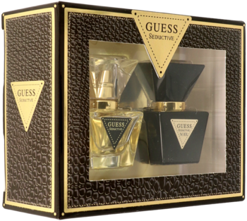Zestaw Guess Seductive: czarno-złote pudełko prezentowe z okienkiem, ukazujące dwa trójkątne flakoniki perfum.