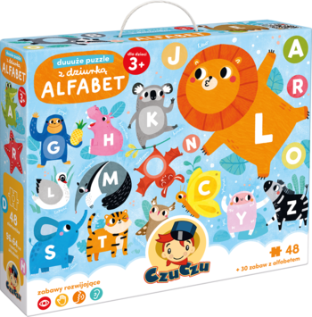 Pudełko puzzli Czuczu Alfabet dla dzieci 3+, z kolorowymi zwierzętami i wymiennymi literkami.