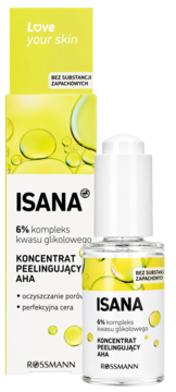 Isana koncentrat peelingujący AHA 6% kwas glikolowy. Żółte pudełko i butelka z pipetą, widok z przodu, bez zapachu.