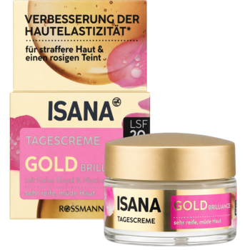 Złoty słoiczek kremu Isana Gold Brilliant SPF 20, za nim pudełko produktu, poprawia elastyczność.