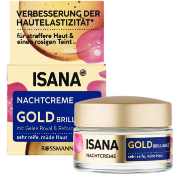 Isana Gold Brilliance krem na noc, złoty słoiczek z różowymi płatkami obok pudełka. Dla cery dojrzałej.