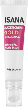 Biała tubka Isana Augencreme GOLD BRILLIANCE, dla bardzo dojrzałej, zmęczonej skóry, różowa etykieta, z pompką.