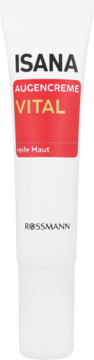Biała tubka kremu Isana Vital pod oczy dla dojrzałej skóry, z czerwonym paskiem i nazwą VITAL, widok z przodu.