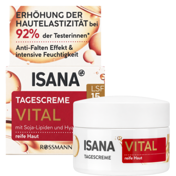 Isana Vital Tagescreme SPF15 do skóry dojrzałej, zwiększa elastyczność, biały słoik i pudełko, widok z przodu.