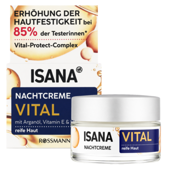 Isana Vital Nachtcreme: biały słoik kremu na noc dla skóry dojrzałej z Arganem i pudełko, widok z przodu.