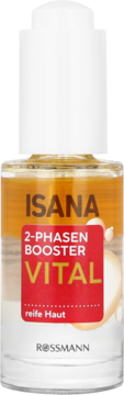 Dwufazowy booster Isana Vital do skóry dojrzałej, w przezroczystej butelce z żółto-białym płynem, widok z przodu.