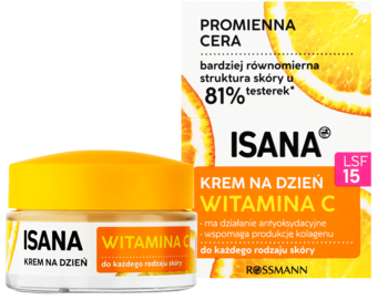 Żółty słoiczek kremu Isana Witamina C na dzień SPF 15 i jego pudełko, widok z przodu.