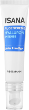 ISANA Hyaluron Intense krem pod oczy w białej tubce z niebieską etykietą i pompką, widok z przodu.