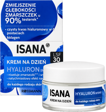 ISANA Hyaluron Intense krem na dzień SPF 30 w białym słoiczku i niebieskim kartoniku, redukuje zmarszczki, widok z przodu.