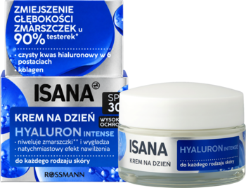 Krem na dzień ISANA Hyaluron Intense SPF 30, w białym słoiczku i niebieskim pudełku, redukujący zmarszczki.