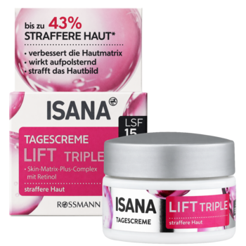 Isana Lift Triple Tagescreme LSF 15 na jędrniejszą skórę w białym słoiku i opakowaniu, widok z przodu.