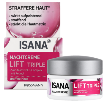 Isana Lift Triple Nachtcreme w białym słoiczku i kartoniku, z różowymi detalami i napisem. Widok pod kątem.