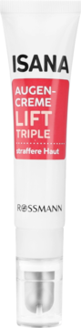 Biały krem pod oczy ISANA Lift Triple w tubce z czerwonym akcentem, widok z przodu, logo Rossmann.