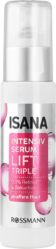 Isana Intensiv Serum Lift Triple z 0,3% retinolem i bakuchiolem, biała butelka z różową etykietą, widok z przodu.