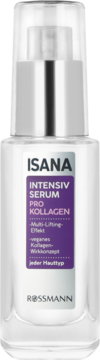 Isana Intensiv Serum Pro Kollagen, liftingujące serum w białej butelce z pompką, z fioletową etykietą, widok z przodu.