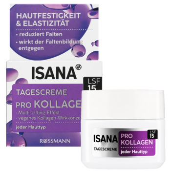Isana Pro Kollagen Tagescreme LSF 15, liftingujący. Biały słoiczek i pudełko, fioletowe detale, widok z przodu.