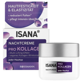 Isana Pro Kollagen Nachtcreme w białym słoiczku z srebrną zakrętką, widok z przodu, za nim fioletowe pudełko.