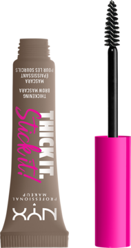 NYX Thick It. Stick It! zagęszczająca maskara do brwi, beżowa tubka z różową szczoteczką.