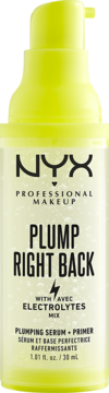 NYX Plump Right Back plumping serum i primer z elektrolitami, przezroczysta butelka z neonową pompką, widok z przodu.