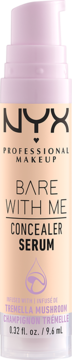 NYX Bare With Me Concealer Serum w beżowej butelce z fioletową pompką, widok z przodu, z czarnym tekstem.