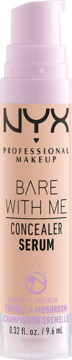 NYX Bare With Me Concealer Serum z ekstraktem z Tremella Mushroom w beżowej butelce z pompką, widok z przodu.